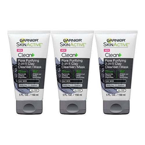 Garnier Skin Skinactive Clean Plus Pore Purifying 2-In-1 Clay Cleanser/Mask, 3 Count