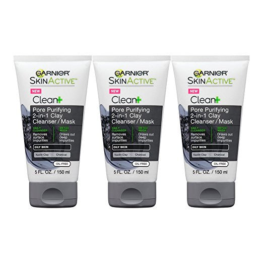 Garnier Skin Skinactive Clean Plus Pore Purifying 2-In-1 Clay Cleanser/Mask, 3 Count
